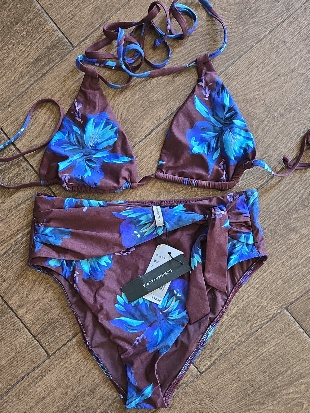 BCBGMaxaria High-Waist Floral Bikini Set - Brown with Blue Floral